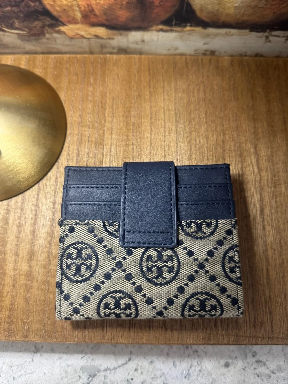 Tory Burch Navy and Beige Logo Jacquard Card Case with Gold Logo Snap